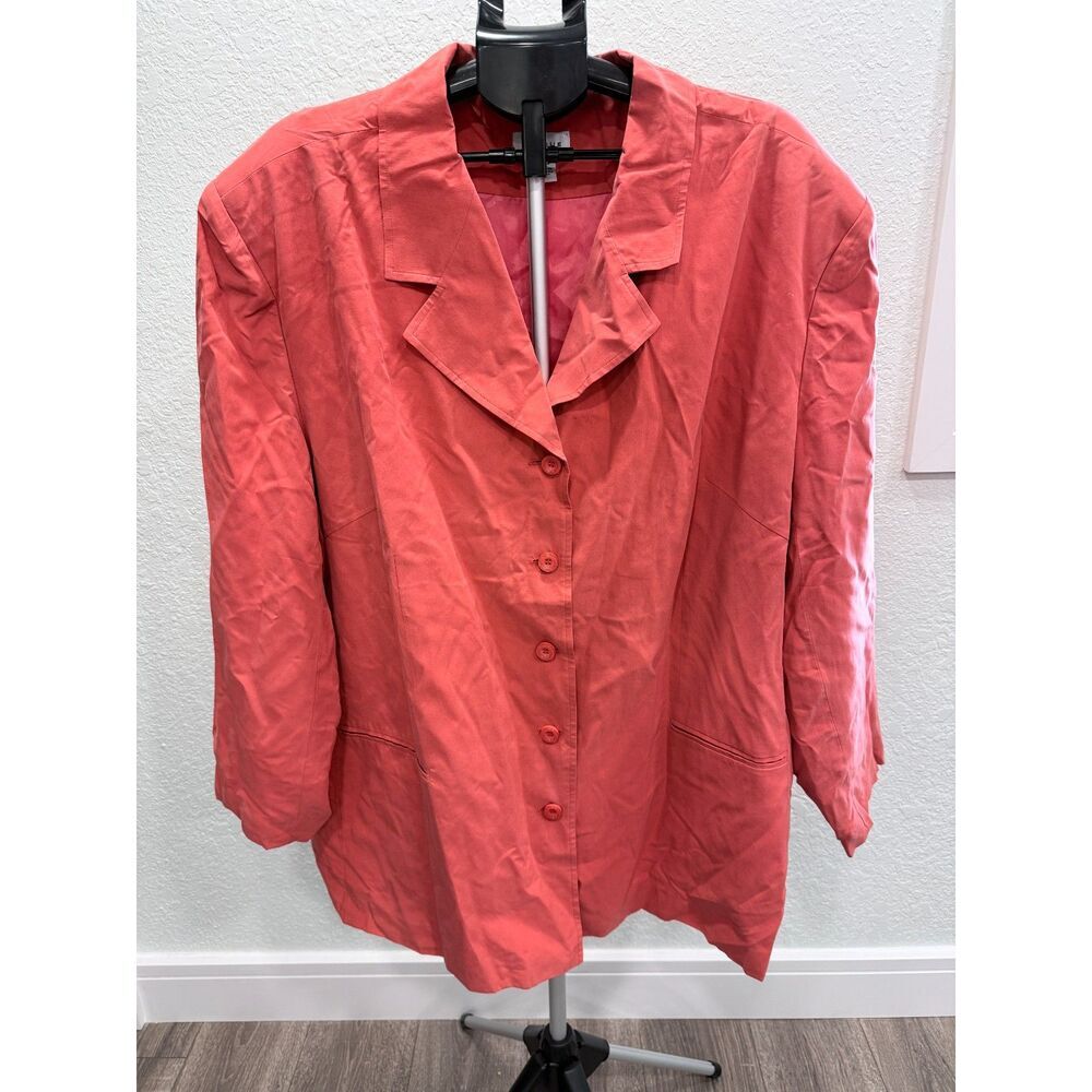 Avenue 100% Silk Women's 3/4 Sleeve Button Up Blazer Plus Size 32 Orange Coral